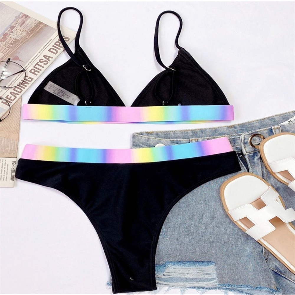 Black Bikini with Rainbow Accents and Sporty Design - Picture 4 of 6